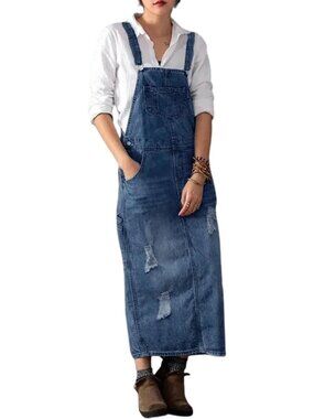Women's Blue Distressed Denim Overall Dress Adjustable Strap Pinafore A Line Bib